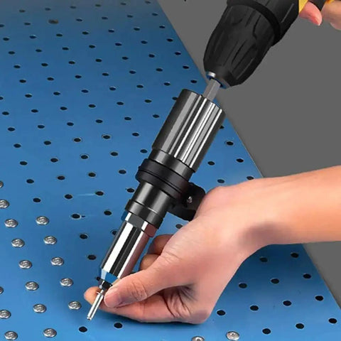 Cordless Rivet Gun Tool Kit for Drills with Four Threaded Heads 2.4mm 3.2mm 4.0mm 4.8mm in use on metal surface