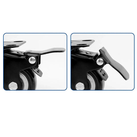 Close-up of Heavy Duty 4 Pack 1.5 Inch Polyurethane Casters with locking brakes, top plates, ideal for furniture on hardwood and tile floors.