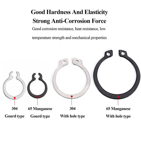 Variety of retaining rings, including 65 manganese and 304 steel, gourd and hole types, highlighting corrosion resistance qualities.