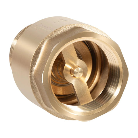 Brass one-way check valve with visible internal spring, 1in NPT male in / 1in FNPT out for water irrigation systems
