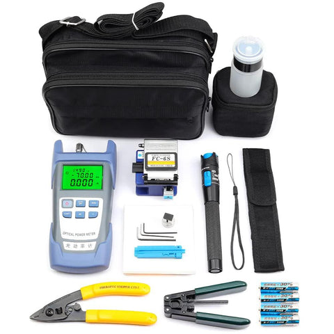 FC-6S FTTH fiber optic tool kit Amazon; blue power meter, cleaver, visual fault locator, stripper, cutters in a bag.