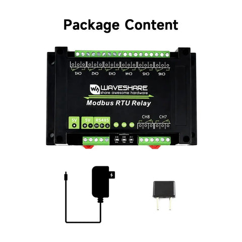 Rugged Modbus RTU 8 Channel Relay Module With RS485 Interface And ABS Enclosure, shown with power adapter and plug.