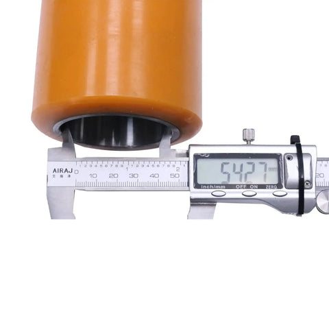 Close-up of Poly Load Wheel Assembly 813014 Replacement For Crown Electric Pallet Jack WP 2300 WP 3000 with caliper measurement
