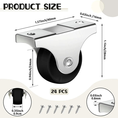 24 Pieces 1 Inch Small Fixed Castor Wheels with Metal Top Plate for Furniture and Small Appliances Rigid Non Swivel Casters Heavy Duty Black Wheels Include 48 Screws for Easy Replacement, with dimensions and screws shown.