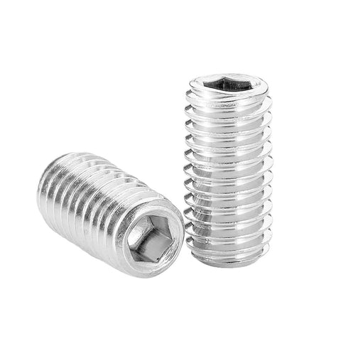 Cup Point Socket Set Screws 5/16-18 By 1/2 Inch Internal Hex Drive 304 Stainless Steel Grub Screws, show two screws close-up