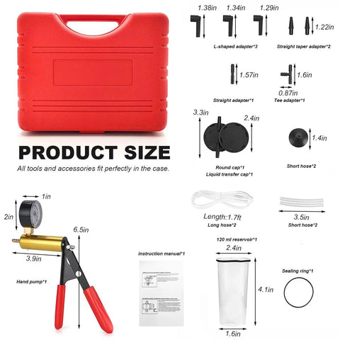 SHMZK Hand Held Vacuum Pump Brake Bleeder Kit with red case, gauge, adapters, hoses, reservoir, and manual.