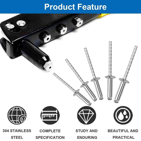 Close-up of stainless steel blind rivets and tool, part of a 110 Piece Stainless Steel Blind Rivet Kit With Seven Sizes In A Labeled Organizer.