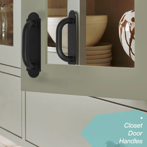 Two Pack 8 Inch Heavy Duty Door Pull Handles For Outdoor Metal Gates And Doors, on a kitchen cabinet, matte black finish