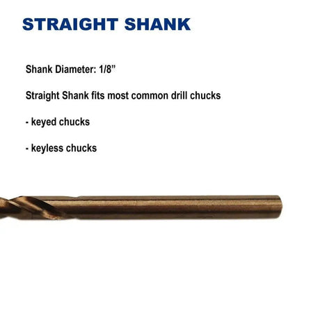One Eighth Inch Cobalt Steel M35 Jobber Length Twist Drill Bits For Hard Metal And Stainless Steel Pack Of Twelve With 135 Degree Split Point And Straight Shank Two And Three Quarter Inch Overall Length, side view.