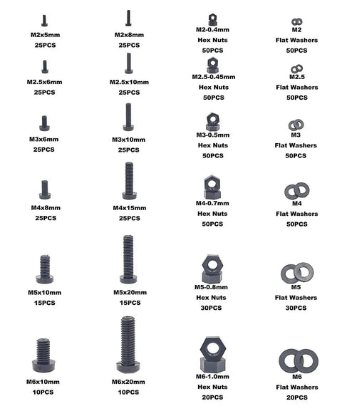 750 Piece Metric Nylon Screws Assortment Kit in Black with Phillips Pan Head Screws M2 Through M6 Hex Nuts and Flat Washers PA66