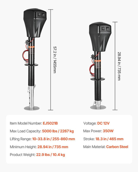 Electric Tongue Jack 5000 Lbs Heavy Duty RV Trailer 2 Way Connector with specifications and dimensions displayed