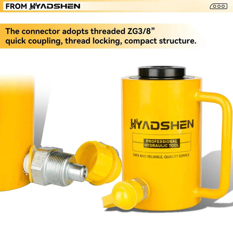 Front view of HYADSHEN 30T hydraulic hollow cylinder jack with yellow body, black top cap, and detachable fittings