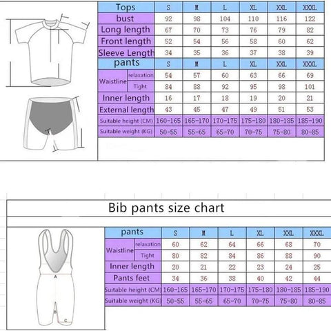 Cycling apparel size chart for tops and bib pants, showing measurements for bust, waist, and suitable height/weight for S to XXXL.