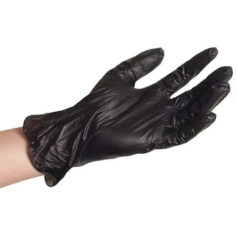 Black Industrial Vinyl Gloves Food Safe Powder Free Latex Free X Large 100 Count shown on a hand showcasing texture.
