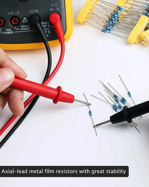 ELEGOO resistor kit assortment with axial-lead metal film resistors and multimeter probes, close-up
