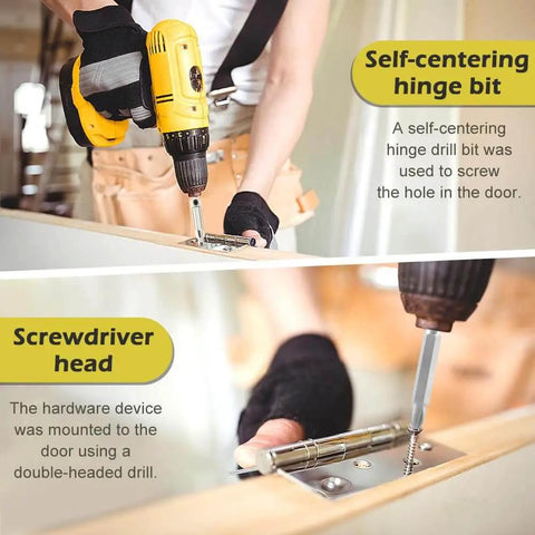 All In One Door Hinge Installation Kit With Router Template For 3 To 5 Inch Doors And 1/4 Or 5/8 Inch Thickness Includes Router Bit Self Centering Hinge Bit Double Headed Screwdriver And Easy To Follow User Manual Green in use on door hinge with drill.