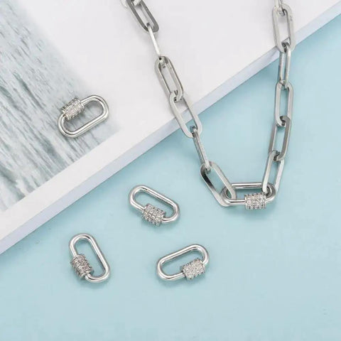 Five Silver Screw Carabiner Lock Charms Set With Brass Micro Pave Cubic Zirconia Oval Quick Links Clasp for DIY Jewelry Making