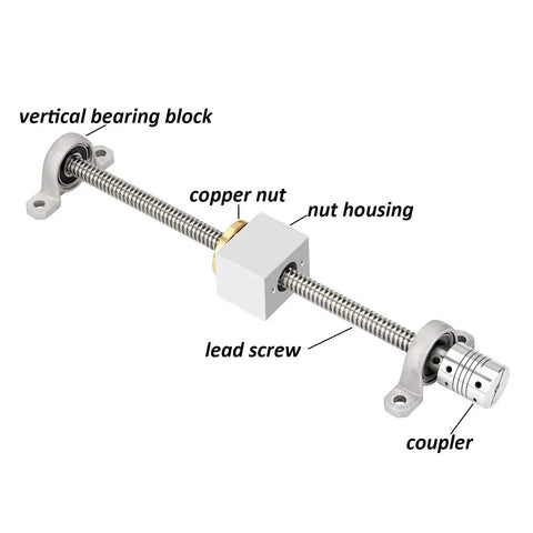 8mm T8 Lead Screw Set With 1000mm Stainless Steel Rod, 2mm Pitch, 8mm Lead, Copper Nut, Nut Housing, Bearing and Coupler