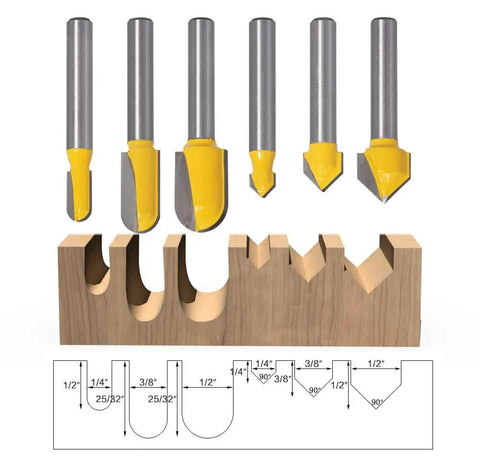 Six-Piece One Quarter Inch Shank Pro Grade Carbide Router Bit Set With Ninety Degree V-Groove And Round Nose Bits For CNC Sign Making