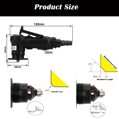 Portable Forty Five Degree Pneumatic Chamfering Tool For Metal And Wood Beveling Deburring With One Quarter Inch Air Inlet dimensions