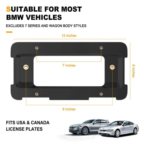 Rear License Plate Holder Bracket For BMW And Mini Cooper Bolt On Frame With Screws Fits 2005 Through 2021, 6x12 inch black ABS