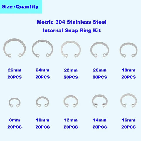 Internal Snap Ring Set 200 Pcs Stainless Steel 304 Metric Circlip Assortment Kit With 10 Sizes displayed in rows by size.