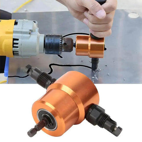 360 Degree Double Head Sheet Metal Cutter Nibbler Drill Tool Pro Grade Heavy Duty for straight, curve, and circle cutting demonstration.