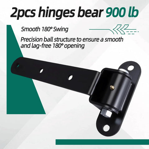 Beefy 13 Inch Gate Hinges Set With 900 Lb Capacity Built In Ball Bearing 180 Degree Swing Carbon Steel Matte Black Frosted Finish Face Mount Bolt On Or Weld On For Wood Or Metal Gates 2 Pack Easy Install High Strength Gate Hardware displayed.