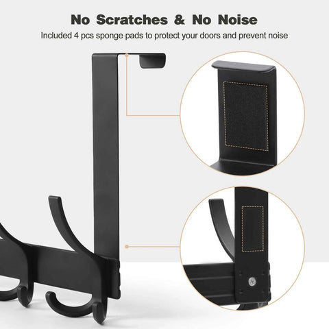 Over-the-door towel rack in black metal with 15 triple hooks and a padded backplate
