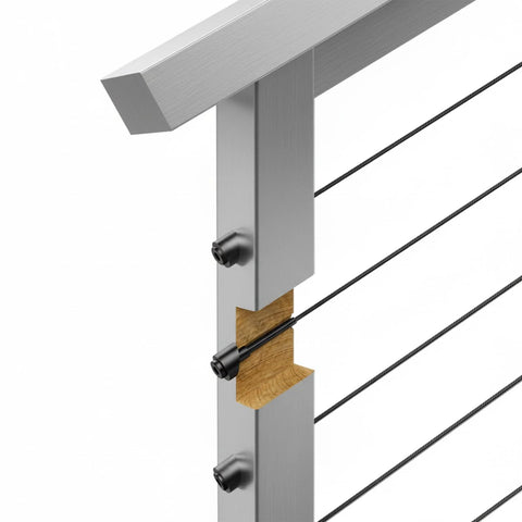 Beveled angle washers for cable railing, black, 5/16 in ID, stainless steel, installed on metal post with cables