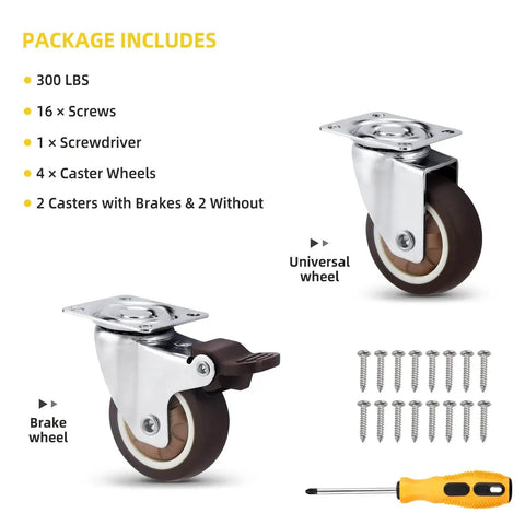 2 Inch Heavy Duty Swivel Casters Set Of 4 For Furniture Cribs And Workbenches 300 Lb Total Capacity Floor Safe And Quiet Rolling 2 With Brakes And 2 Without Includes Screws And Driver shown