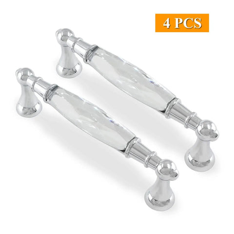 Crystal Cabinet Pulls Four Pack 4.5 Inch Overall Length With 3.75 Inch Hole Spacing Diameter 0.7 Inch Chrome Silver Glass Bar