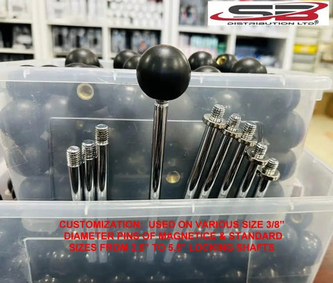 Heavy Duty Black Phenolic ABS Female Ball Knob With Brass Insert 3/8-16 Thread displayed in a container with other knobs.