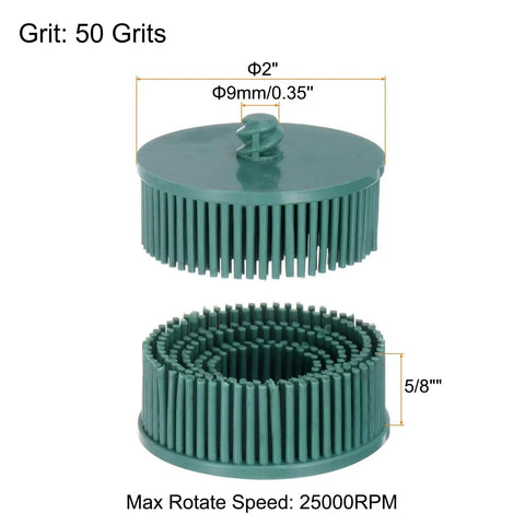 4 Pack 2 Inch 50 Grit Bristle Disc Brushes For Deburring And Coating Removal On Metal With Quick Change Roll Lock System Green Harfington Pro Grade Heavy Duty Rubber And Diamond Construction, front view showing size and detail.