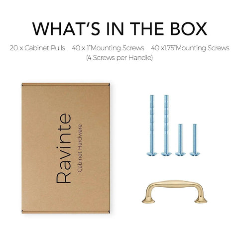 Box content of 20 Pack 3 Inch Champagne Bronze Kitchen Cabinet Handles Solid Zinc Alloy Cabinet Pulls with screws for easy installation