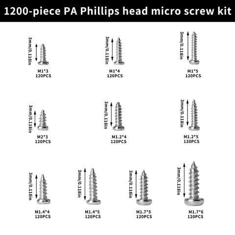 Assorted micro screws from the Ultra Handy 1200-Piece Mini Screw Kit for Glasses, Electronics, Watches, Jewelry, sizes M1-M1.7, nickel plated.