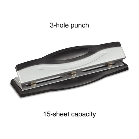 Heavy Duty 3 Hole Punch For Office Paper, High End Adjustable Desktop Punch with 15 Sheet Capacity, Sleek Black and Silver Design