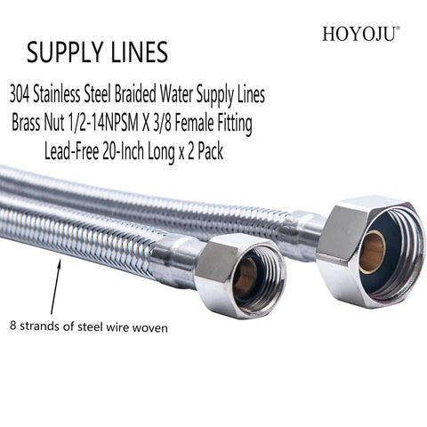 Braided stainless steel water supply lines, 20-inch, 2-pack, 1/2-14NPSM to 3/8 in female fittings with brass nuts HOYOJU
