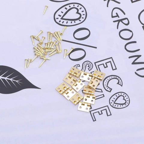 Mini Brass Cabinet Hinges For 1 To 12 Dollhouse Furniture With 48 Screws, 12 Pcs Durable DIY Closet Hinges displayed with screws.