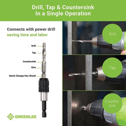 One Step Drill Tap Kit For Metal With Quick Change Adapter That Drills Taps Deburrs And Countersinks In One Pass From 6-32 To 1/4-20 For Steel Aluminum And More By Greenlee showing drilling, tapping, and countersinking actions