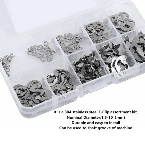 304 Stainless Steel E Clip Snap Ring Set 200 Pcs Kit With 20 Sizes From 1.5mm To 10mm in clear storage case