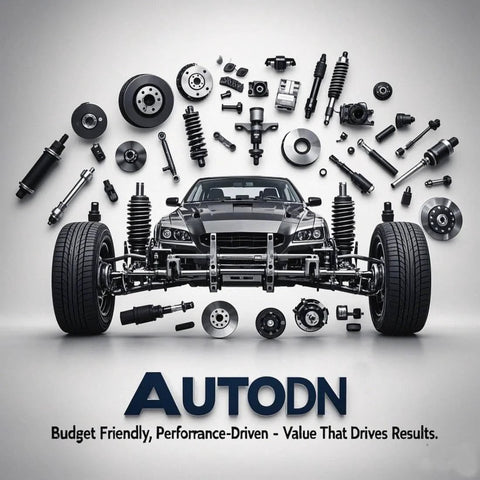 Front view of car chassis with various disassembled parts displayed around it, titled Autodn, showcasing performance-driven auto parts.