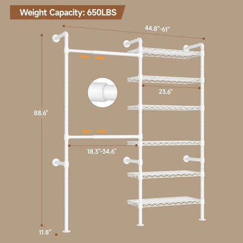 Wall Mounted Garment Rack and Closet System With Two Expandable Rods Six Adjustable Shelves Industrial Pipe Style Metal Shelving in White Heavy Duty Walk In Closet Organizer Easy Install Durable Clothes Storage Solution dimensions shown