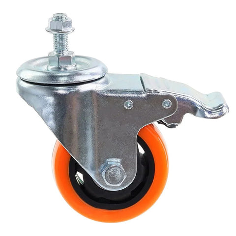 Side view of M10 Threaded Stem Caster Wheels Set 1.5x25mm Dual Locking No Noise PVC Casters For Workbench Dolly And Furniture 3 Inch Orange Pack Of 4 Heavy Duty Mobility With Floor Friendly Quiet Operation.