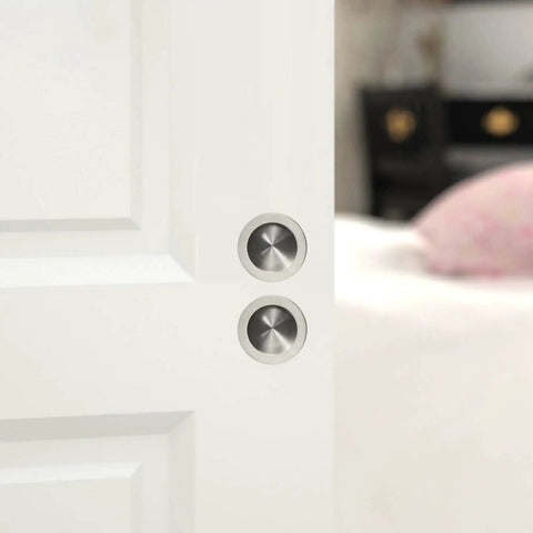 Recessed Pocket Door Pull Handles 2 3 4 Inch Round Finger Flush Pulls Brushed 304 Stainless Steel Barn Door Hardware installed on white door