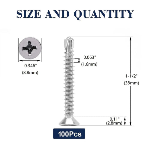 Diagram showing Number Ten By One And A Half Inch Sheet Metal Screws, 100 Pieces, 410 Stainless Steel Flat Head Self Tapping Tek Screws dimensions.
