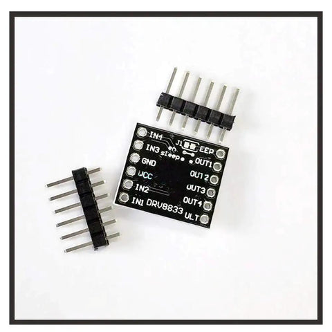 Dual H Bridge Motor Driver Module for DIY Robots, 1.5A per channel, DRV8833 based, 3-10V DC input, with protection features, top view.