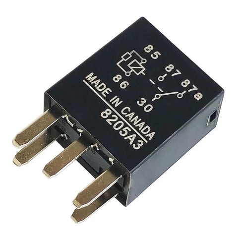 Close-up of G8V-1C7T-R-DC12 12V 35A 5-pin marine relay beefy shielded for boat electrical systems, showing pin configuration and label.