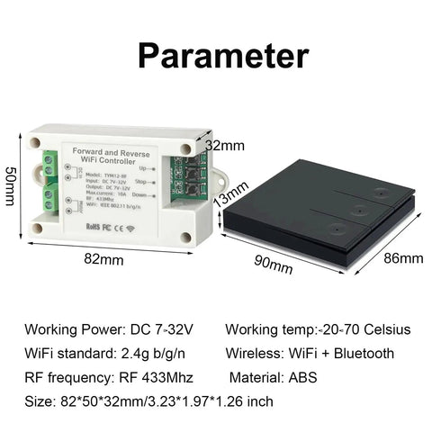 Smart Wireless Linear Actuator Controller With 10A Relay and Timer for 12V 24V 32V DC Motors shown with dimensions and specs