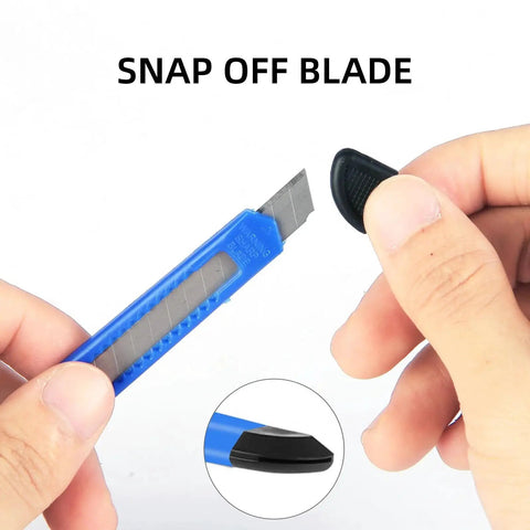 Close-up of blue knife from 4 Pack Retractable Box Cutters Knife Set for Cardboard and Paper, highlighting snap-off blade feature.